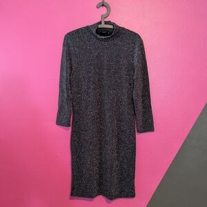 Sanctuary Silver & Black Striped Fitted Midi Dress with Raised Collar XL